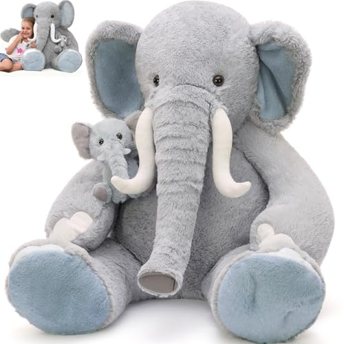 MorisMos 100cm lang Riesen Elefant Kuscheltier XXL, 2 stücke groß Grau Elefant Stofftier Plüschtier, weich Gross Süßes Geburtstag Weihnachten Geschenk Kinder Baby