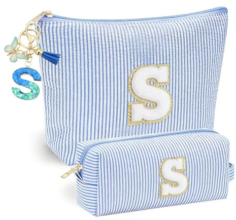 Personalisierte Blau Kosmetiktasche mit Initiale Schlüsselanhänger Schmetterlingsfransen Make-up-Tasche für Mädchen Geschenk（S）