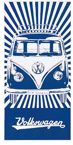 BRISA VW Collection - T1 Bulli Bus Strand Handtuch | Volkswagen Badetuch Dusche Urlaub Sauna Sport, Weich Jacquard-gewebt Schlaufe zum Aufhängen, 100% Baumwolle 100 x 50 cm, Blau