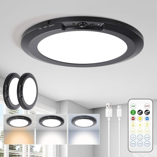 Rechargeable LED Ceiling Light - 10000mAh Battery Operated Bathroom Light with Remote 3 Colour Temperatures, Motion Sensor Magnetic Mount Wireless Indoor Ceiling Lamp for Garage Hallway Stair (2 Pack)
