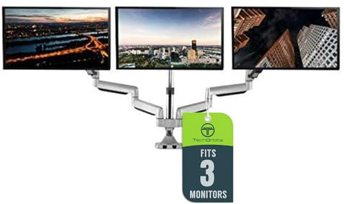 TechOrbits Soporte de escritorio universal para monitor triple, se adapta a tres monitores de 13 a 30 pulgadas con giro y abrazadera