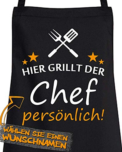 Comedy Grill Schürze - Hier GRILLT DER Wunschname PERSÖNLICH - Motiv 6 - Schwarz/Weiss-Orange