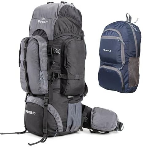 Tripole Walker 65 Liter Rucksack Mit Faltbarem 20 Liter Tagesrucksack | Innenrahmen Mit Metallstab | Regenschutz | Untere Öffnung | Laptopfach (Schwarz)