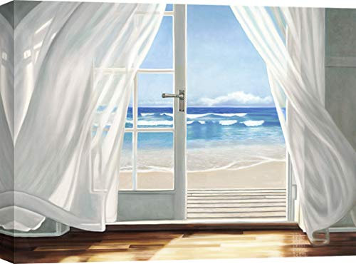 ART PRINT CAFE' – Quadro - Stampa su Tela – Pierre Benson, Finestra sul mare, tende mosse dal vento – 60x40 cm