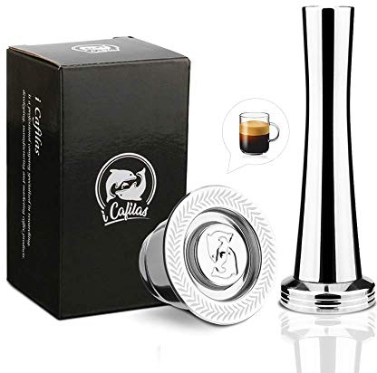 i Cafilas Nepresso Capsule de café rechargeable en acier inoxydable à remplir – Capsule de Compatible avec les machines à café Nepresso Machine à café Tamper en plastique Pinceau