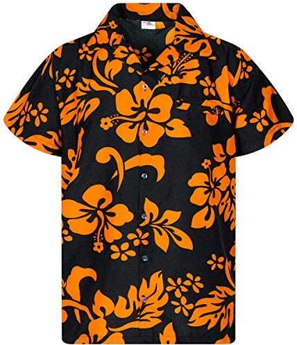 King Kameha Funky-Hawaii-Hemd, Herren, Kurzarm, Hibiscus, Schwarz-Orange, XL