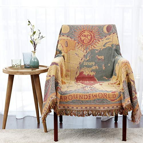 MayNest Weltkarte-Überwurfdecke, wendbar, Hippie, Bohemian, Vintage, Gelb, Rot, gestrickt, groß, Fransen, Baumwolle, gewebt, Wandteppich, bunt, Boho-Fantasy-Teppich, Liegestuhl, Couchbezug (S: 51x71)