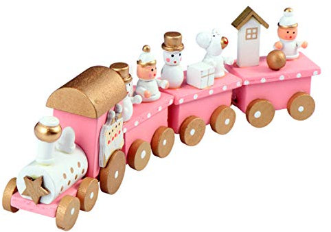 TOYANDONA Weihnachten Zug Dekoration Holz Weihnachtszug mit Schneemann Bär Figur Puppe Kinder Spielzeug Weihnachtsdeko Tischdeko Weihnachtsschmuck Weihnachtsfigur Rosa