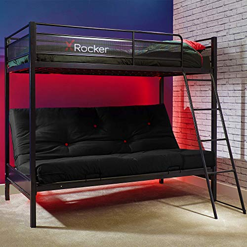 X-Rocker Stronghold Triple Sleeper Bunk Bed, Single Top Double Base Bed Futon Sofa Bed, Solid Metal Frame, Children's Bedroom Furniture Bed Frame for Parents & Children - BLACK