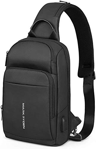 MARK RYDEN Sling Bag, borsa da uomo con porta di ricarica USB, borsa a tracolla per iPad da 9,7 pollici, impermeabile, per viaggi e escursioni, colore: nero, S, nero, S, Casuale