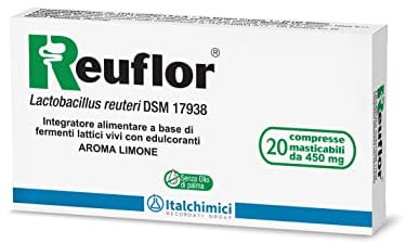 Reuflor® 20 compresse| Integratore Alimentare Probiotico a base di Fermenti Lattici vivi| Favorisce l’equilibrio della Flora Intestinale | Aroma limone | 20 compresse masticabili da 450 mg