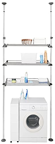 BAOYOUNI Teleskopregal für Bad mit 3 Ablagen Teleskop Badregal über Waschmaschine Badezimmer Platzsparendes Metall Teleskopstange Kleiderständer Höhenverstellbar 240-310cm, Grau