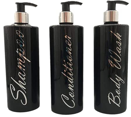 SET OF 3 Shampoo Body Wash Conditioner Black Silver Top Empty Bottles Mrs Hinch Inspired (Silver Writing)