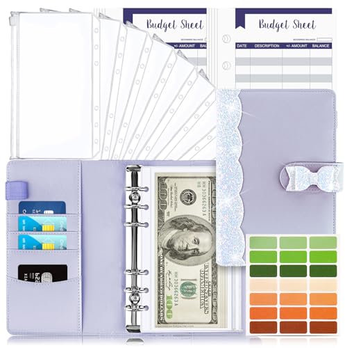 Raccoglitore Notebook A6, TAOPE Portadocumenti in Pelle PU con 12 Trasparente Sacchetti Cerniera Compilabile 26pcs per Budget di Contanti Organizzatore di Buste Risparmio di Denaro - Farfalla Viola