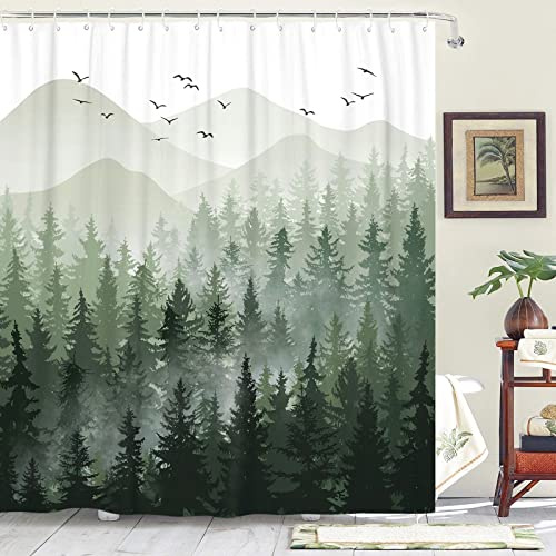 Accnicc Duschvorhang-Set mit grünem Nebelwald, Ombre, Salbeigrün, weiß, wasserdichter Stoff, Duschvorhänge, Naturbaum, Berg, Wald, dekorativ, 183 x 183 cm, grün