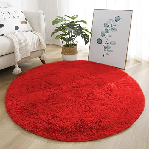 Lifup Teppich Shaggy Anti Rutsch Pflegeleicht, Rund Langflor Teppich für Wohnzimmer Schlafzimmer Kinderzimmer Rot 120 cm
