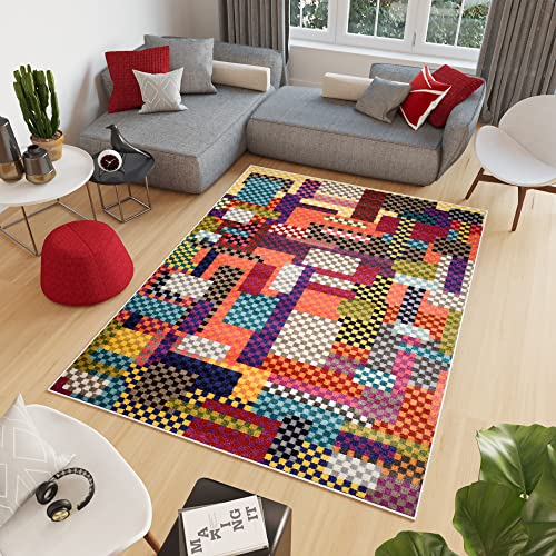 TAPISO Salsa Teppich Kurzflor Mehrfarbig Bunt Abstrakt Vierecke Rechtecke Modern Patchwork Design Wohnzimmer Schlafzimmer 160 x 220 cm