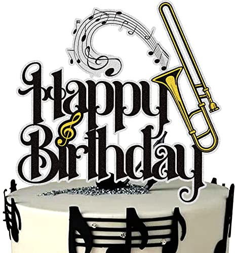 LINGBOOM Black Gold Glitter Musical Music Notes Cake Topper - 1 Count - Birthday Cake Decoration - Metallic Black, Gold