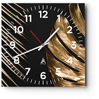 Modern Wanduhr Golden Blatt Monstera 40x40cm Quadrat Groß Wand Uhr Glas Analog Zimmeruhren Küche Büro Wohnzimmer Glasuhr Wall Clock Dekoration Design Wanddekoration Küchenuhr C4AC40x40-5028