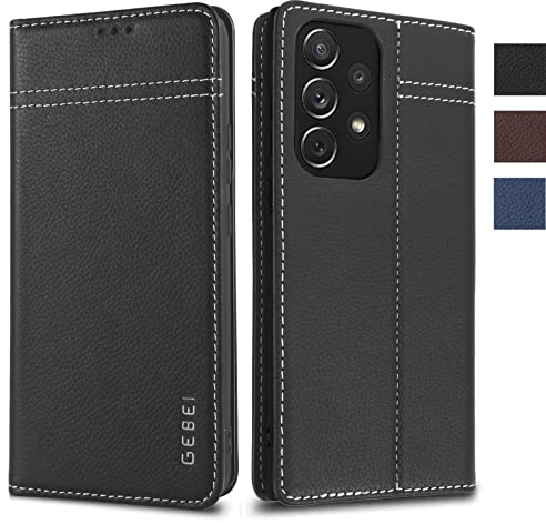 Handyhülle Echt Leder für Samsung Galaxy A53 5G Hülle mit Standfunktion Kartenfach Premium Echt Leder Schutzhülle klappbar A53 5G Flip Case Cover Stoßfeste Klapphülle Samsung Galaxy A53 5G Schwarz