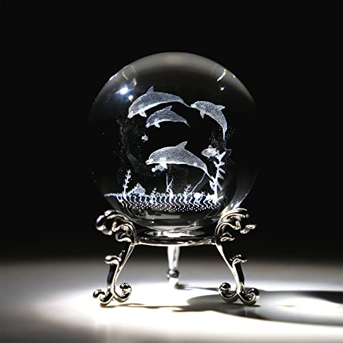 HDCRYSTALGIFTS 3D-Gravierte Kristallkugel mit Ständer, 60 mm, Delfin, Briefbeschwerer, Glaskugel, dekorative Kugeln (transparent)