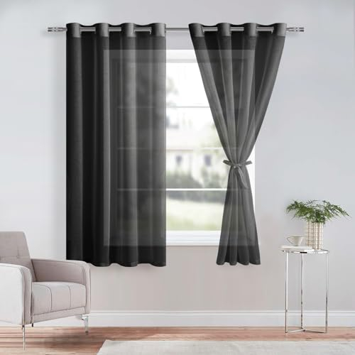 DWCN 2er Voile Gardinen Halbtransparent Kurz mit Ösen für Schlafzimmer Vorhang weiß Halbtransparent, Schwarz, 145x140cm(HxB)