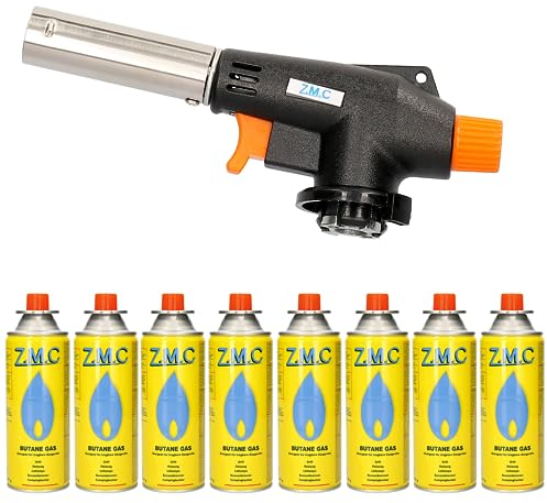 Z.M.C Gasbrenner + 8x Gaskartuschen 227g, Flambierbrenner bis zu 1300°C, Bunsenbrenner 1,3kW, Lötbrenner, Küchenbrenner mit einstellbarer Flamme