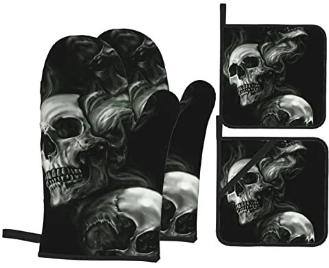 Totenkopf-Ofenhandschuhe und Topflappen, waschbar, hitzebeständig, rutschfest, bedruckt, für Mikrowelle, Grillen, Schwarz und Weiß