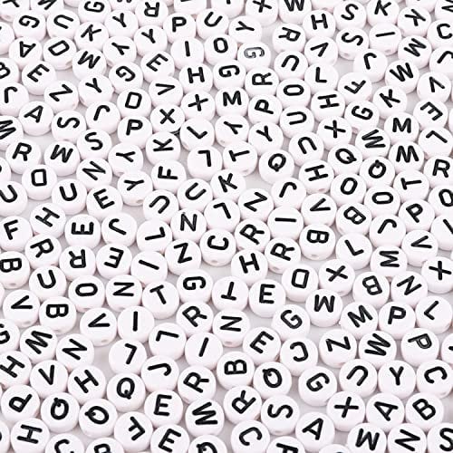 KKSTY 1000 Pcs Acrylic Letter Beads Alphabet Beads for DIY Necklace Bracelet Jewelry Making, Come with a Roll of Clear String (Round-White&Black)