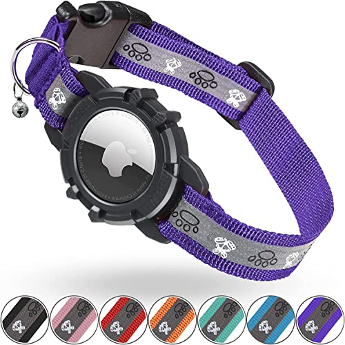 AirTag Katzenhalsband, Reflektierend Air Tag Halsband Katze, GPS Katzenhalsband mit Verstellbares und Glocke, Integriertes Apple Air Tag Katzen Halsband, Geeignet Für Katzen Welpen[Lila][S]