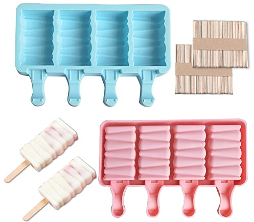 Juego de 2 moldes para helado con 4 cavidades y 100 palitos hechos de silicona sin BPA, perfectos para paletas de helado, chocolate y palitos de helado
