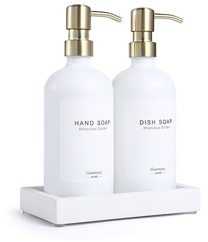 Distributeur de savon en verre avec pompe et plateau en béton | Distributeur de savon vintage pour salle de bain et cuisine avec savon à vaisselle, savon pour les mains, lotion, étiquettes étanches