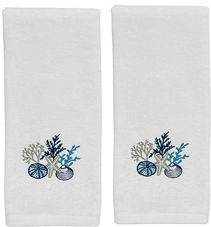 Summer Soft Absorbent Coastal Guest Hand Towels: Summer Shells and Coral Sea Life Design, 2 Piece Antigua