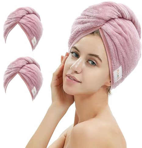 M-bestl Lot de 2 serviettes en microfibre pour sécher les cheveux | Serviette de séchage légère, absorbante et anti-frisottis avec bouton pour cheveux bouclés ou raides (rose haricot)