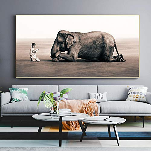 JACBON Junge liest vor Elefanten-Poster, Leinwandgemälde, Schwarz-Weiß-Wandkunstdrucke für Wohnzimmerdekoration, 70 x 140 cm (28 x 55 Zoll), rahmenlos