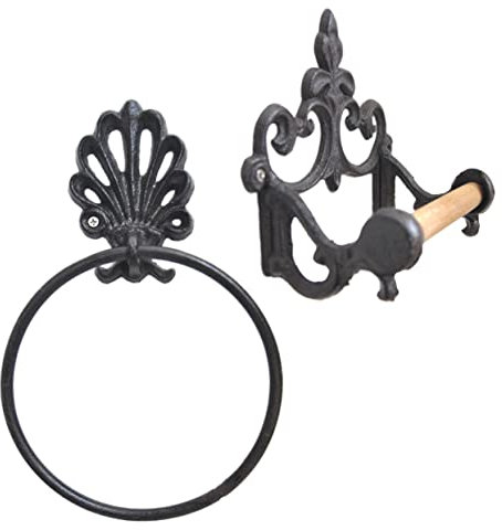 Uonlytech 2pièces Anneau Porte-Serviette Et Support Papier Hygiénique Fonte pour Salle De Bain Fer Forgé Suspendu Et Gain De Place Installation Facile Style Rétro Noir