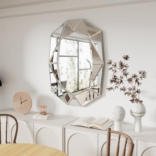 Artloge Wandspiegel Groß Diamant Luxus Spiegel, Silber Dekorative Spiegel Modern Wand Dekor Aesthetic Glasspiegel für Badezimmer, Wohnzimmer, Flur 100×72 cm