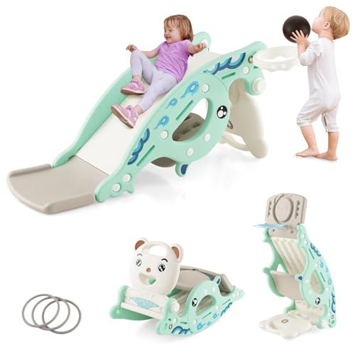 COSTWAY 4 en 1 Toboggan Enfants avec 3 Modes & Motif d'ours, Cheval à Bascule Intérieur Extérieur avec Panier de Basketball & Ballon, Charge 50kg pour Enfants de 3 Ans+, 93x65x46,5cm