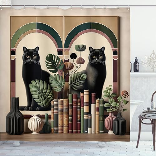 ABAKUHAUS Katze Duschvorhang, Kätzchen bohemianisch thematisierte Monstera Blätter Bücher und Mid Century Modern Vasen, Stoffliches Gewebe mit Haken, 175 x 180 cm, Sandbraun, Kastanienbraun, Grün
