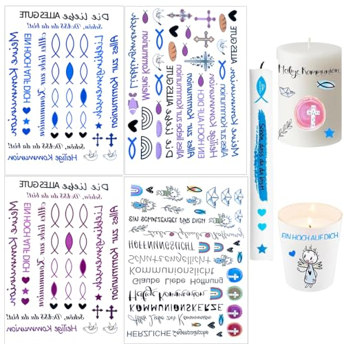 4 Stück Kerzenfolie Kommunion,Wasserschiebefolie Kerzensticker Kerzenfolie,Kerzentattoos Taufe Kommunion,kerzenaufkleber sticker für Kerze Tasse DIY Kerzen Tattoo Taufe Deko. (KOM243602)