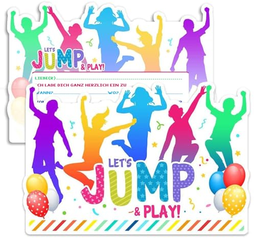 ZELAITE 12x Jump Party EINLADUNGSKARTEN KINDERGEBURTSTAG Junge Mädchen, Jump Party Einladung, Trampolin Einladungskarten Kindergeburtstag (B)