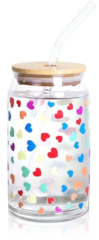 Glas mit Deckel und Strohhalm 500ml,Liebesmotiv Temperature Sensitive Color Changing Glass Jar when Cold,Farbwechsel-Tasse Reusable Trinkglas,Kinder Travel Trinkbecher