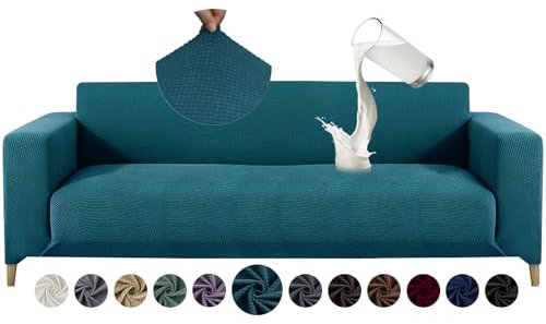 Alishomtll Sofa Überzug 4 Sitzer Stretch Sofabezug Universal Wasserabweisend Couch Überzug Sofaüberwürfe Elastische Jacquard Couchbezug rutschfest Sofaschoner für Hunde Katzen (230-300cm, Blaugrün)