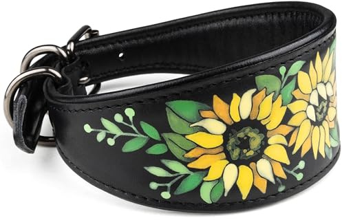FAVPET Handbemalter Echtleder Windhund Halsband Breit mit QR Code Anhänger, Weiches Lederhalsband Hund Whippet Italienisches Windspiel Saluki Lurcher Spanischer Galgo Podenco (Sonnenblumen, L)