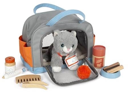 Small Foot Katze mit Tasche und Pflege-Set, 15-teiliges Haustier-Spielzeug für Kinder ab 2 Jahren, Rollenspiel für Tierpflege, 12601