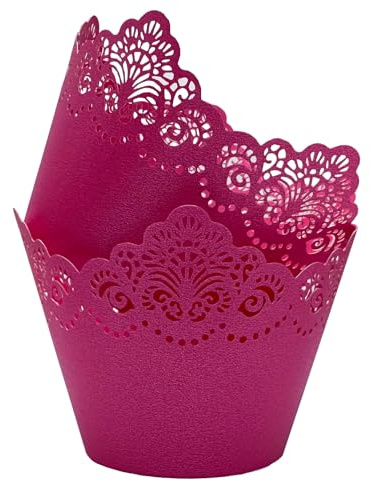 KOSTOO 50Pcs Cupcake Wrappers Hollowing Out Crown Bake Cake Paper Lace Laser Cut Liner Baking Cup Wraps Muffin for Wedding Party Birthday Decoration (Rose red)