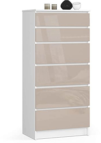 Kommode in Cappuccino Hochglanz mit 6 geräumigen Schubladen, 60 cm breit, 130 cm hoch Kommode Schlafzimmer Flur Wohnzimmer Organizer Kommode mit Schubladen Holz Highboard Sideboard Schrank