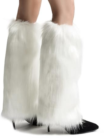 Golden Apple Faux Fur Fluffy Women Leg Warmers Shaggy Knee High Stockings Gyaru Punk Fuzzy Furry Y2K Boots Cuff Covers (White, 40cm)