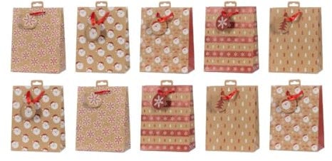 Laro Premium Line Geschenktüten Weihnachten/Kraftpapier/Braun/Rot 10/20/40/100stk Größe: H23x B18x T10x cm Medium, Anzahl:10, Muster Tüten:Weihnachten Kraftpapier Braun Rot