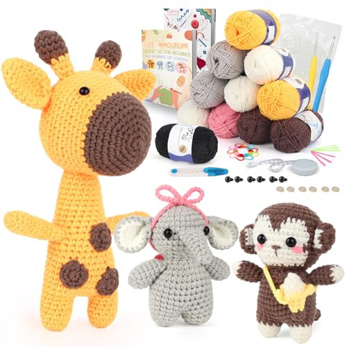 Coopay 3-in-1 Häkeltier-Set für Anfänger - Häkelset für Erwachsene mit 2 Büchern, Starter-Kit Geschenke für Häkeln - Elefant, Affe, Giraffe